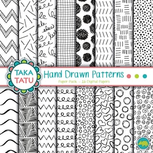 Pacote de papel digital com padrões desenhados à mão - Padrões de Doodle / Papel preto e branco / Padrão de Doodle / Fundo de Doodle / Desenhado à mão para impressão