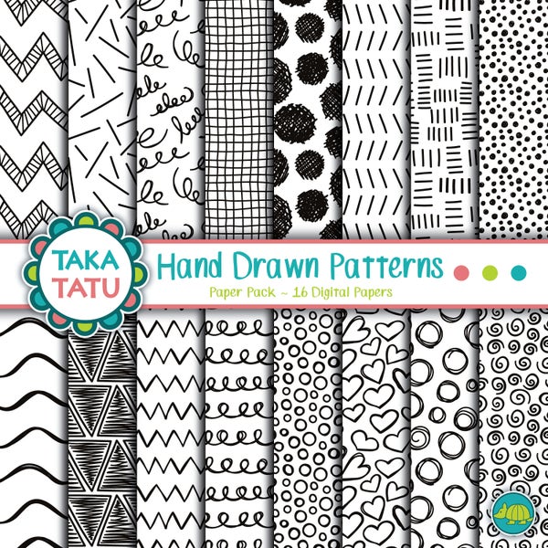 Hand Drawn Patterns Digital Paper Pack - Doodle Patterns / Black and White Paper / Doodle Pattern / Doodle Background / Hand Drawn Printable