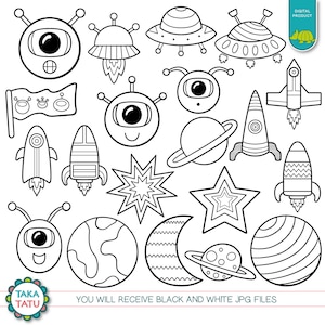 May include: Black and white line art illustrations of space-themed objects, including aliens, rockets, planets, stars, and UFOs.  You will receive black and white JPG files.