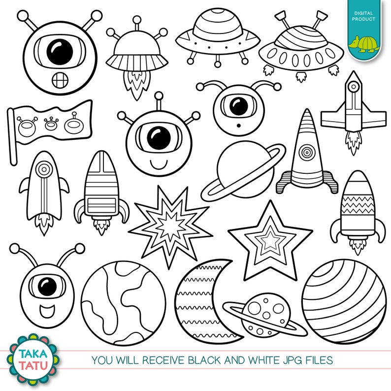 May include: Black and white line art illustrations of space-themed objects, including aliens, rockets, planets, stars, and UFOs.  You will receive black and white JPG files.