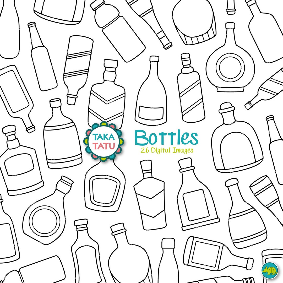 Bottles Black and White Digital Stamp Pack / Bottle Line Art Printable ...