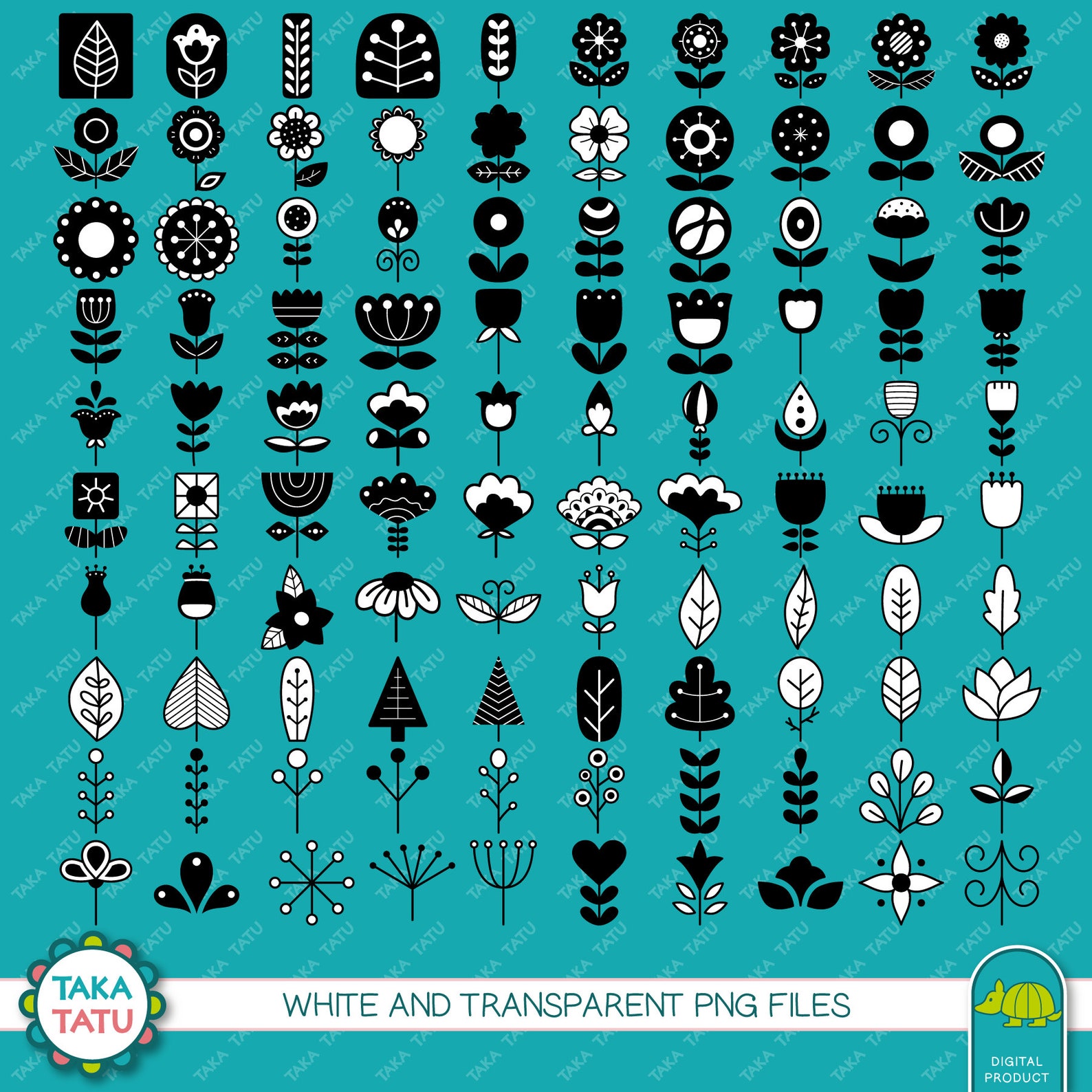 Scandinavian Flowers Digital Stamp Pack - Black and White Clipart ...