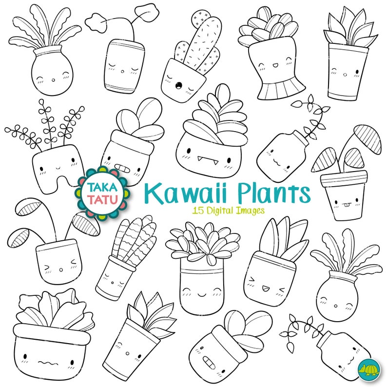 Kawaii Plants Clipart Cute Plants Digital Stamp / Cute Faces Etsy