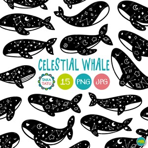 Hemelse walvissen schattige zwart-wit clipart-Galaxy walvissen digitale stempel set-Instant Download