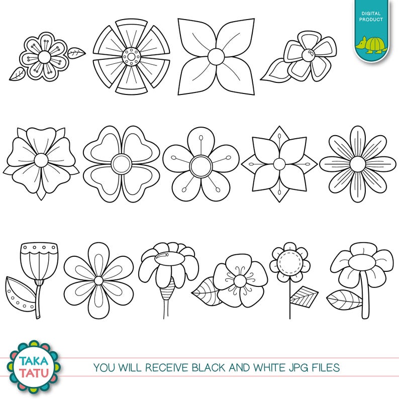 Digital Garden Digital Stamp Pack Black and White Clipart / Flowers Clip Art / Black and White Printable / Digi Stamps Instant Download image 2