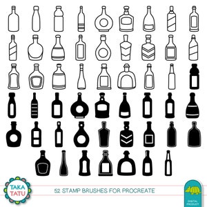 May include: A set of 52 black and white stamp brushes for Procreate, featuring various bottle shapes and designs. The brushes are perfect for creating digital art and illustrations.