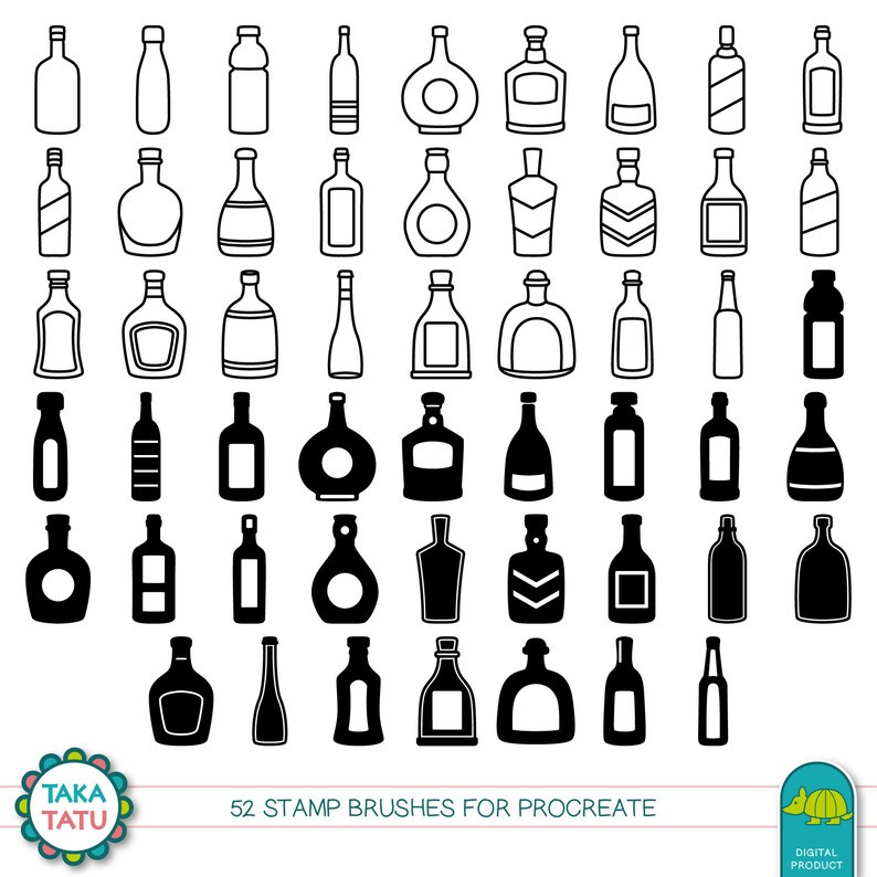 May include: A set of 52 black and white stamp brushes for Procreate, featuring various bottle shapes and designs. The brushes are perfect for creating digital art and illustrations.
