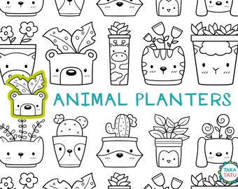 Animal Planters Digital Stamp Set / Animal Cute Plant Pots / Animals and Plants / Kawaii Plant Doodles / Black and White Line Art