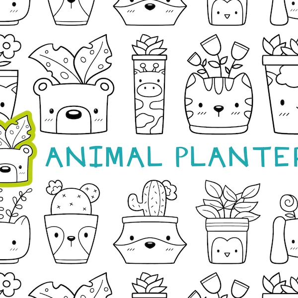 Animal Planters Digital Stamp Set / Animal Cute Plant Pots / Animals and Plants / Kawaii Plant Doodles / Black and White Line Art