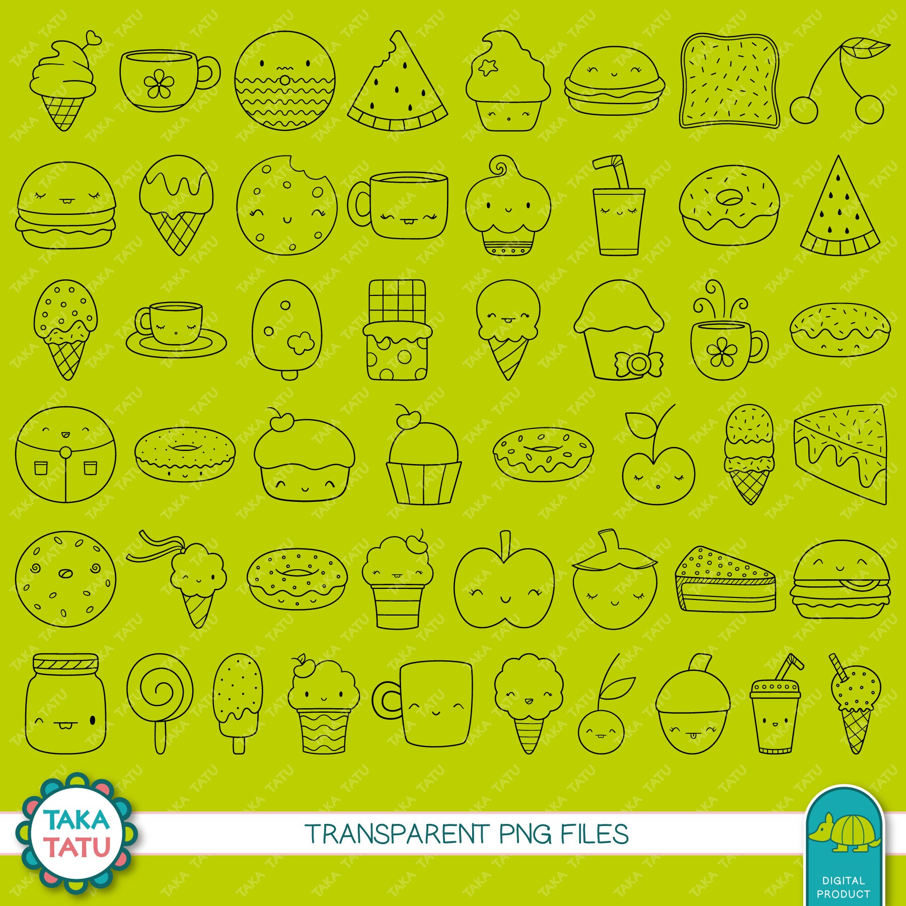 Cute Foods Digital Stamp Pack Hand Drawn Black and White | Etsy