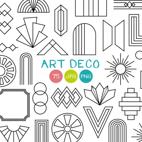 ART DECO CLIPART - Art Deco Elements for Decoration / Black and White Digital Stamp / Embellishments and Frames - Instant Download