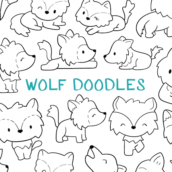 Wolf Doodles Digital Stamp - Wolf Clipart / Cute Wolf Hand Drawn Black and White Line Art / Cute Kawaii Wolves Printable Digital Images