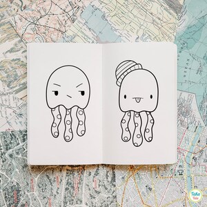 May include: Two black and white line drawings of jellyfish with different expressions. The jellyfish on the left has an angry expression, while the jellyfish on the right has a happy expression. Both jellyfish are wearing hats.