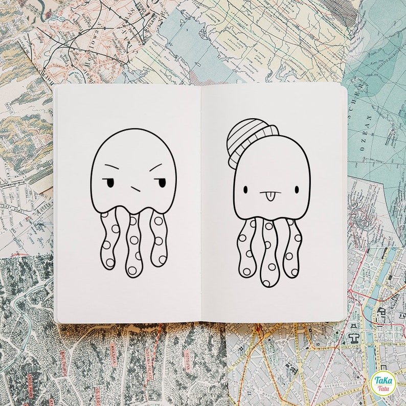 May include: Two black and white line drawings of jellyfish with different expressions. The jellyfish on the left has an angry expression, while the jellyfish on the right has a happy expression. Both jellyfish are wearing hats.
