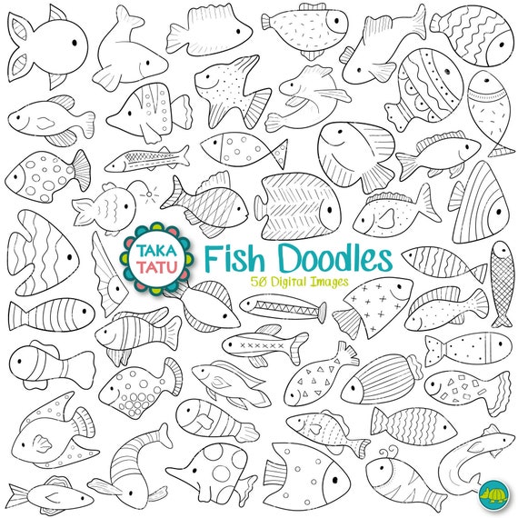 Fish Doodles Digital Stamp Black and White Clipart / Fish Drawing