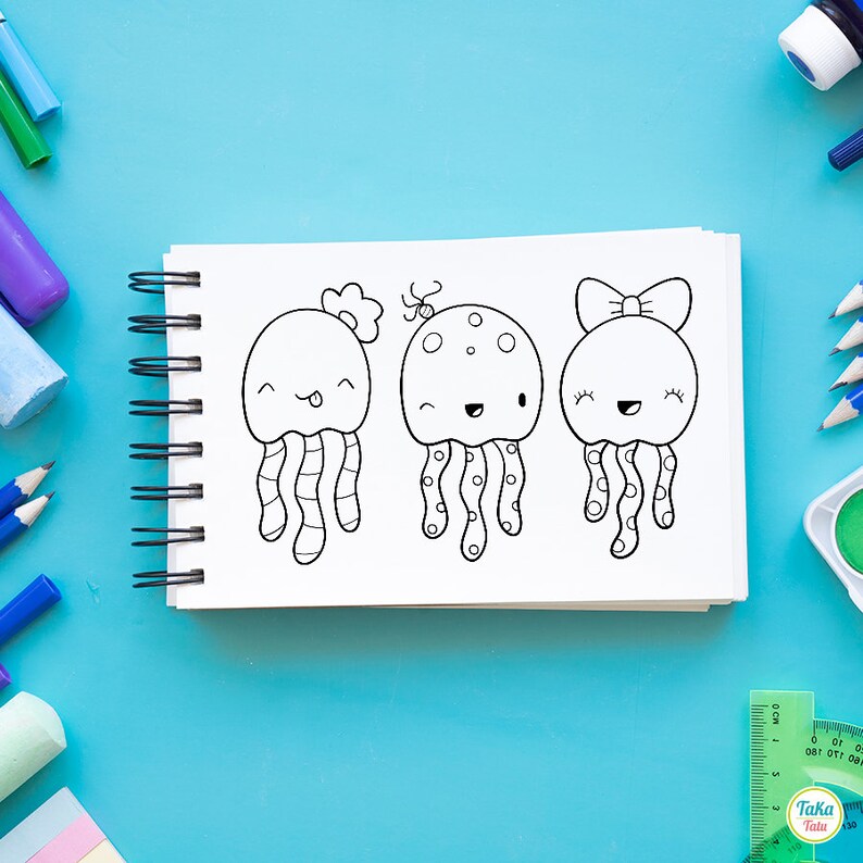 May include: A black and white drawing of three jellyfish with different facial expressions. The jellyfish are drawn in a simple, cartoon style. The drawing is on a white sheet of paper in a spiral bound notebook.