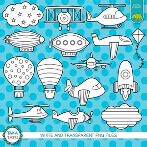 Op de afbeelding: Een set van 12 zwart-witte omtrekillustraties van verschillende vervoersmiddelen, waaronder een luchtballon, een vliegtuig, een helikopter, een raket en een luchtschip. De illustraties zijn geplaatst op een blauwe achtergrond met witte stippen. De tekst "WHITE AND TRANSPARENT PNG FILES" staat onderaan de afbeelding.