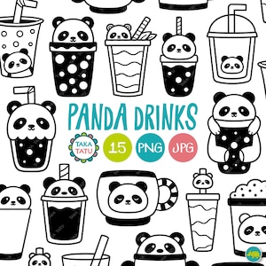 Simpatico panda beve set di timbri digitali in bianco e nero: Panda Bubble Tea, caffè e bevande