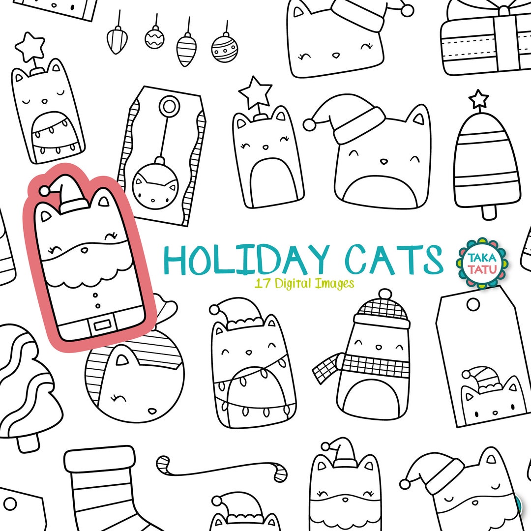 Holiday Cats Clipart - Christmas Cats Digital Stamp / Black and White ...