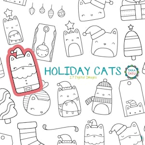 Urlaub Katzen Clipart - Weihnachten Katzen Digital Stempel / Schwarz und weiß Weihnachten niedlich Illustrationen / Weihnachten Cardmaking druckbare Doodles
