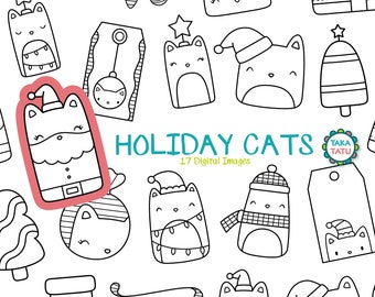 Holiday Cats Clipart - Christmas Cats Digital Stamp / Black and White Christmas Cute Illustrations / Christmas Cardmaking Printable Doodles