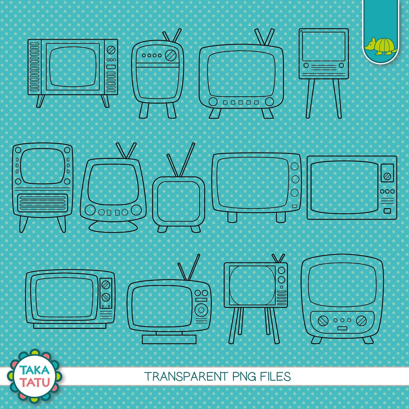 Vintage TV Digital Stamp Pack Black and White Clipart / | Etsy