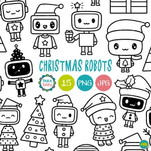 Pode incluir: Um conjunto de 15 ilustrações de robôs de Natal em preto e branco. Os robôs usam chapéus de Papai Noel, cachecóis e seguram presentes de Natal. Há também árvores de Natal e outras decorações de Natal na imagem. O texto "Christmas Robots" está escrito em letras grandes no topo da imagem. O texto "Taka Tatu" está escrito em um círculo na parte inferior da imagem. O texto "15 PNG JPG" está escrito em três círculos na parte inferior da imagem.