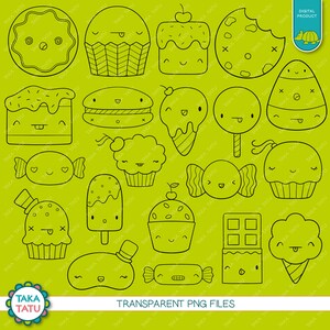 May include: A set of 18 black and white line drawings of cute food items with faces. The food items include cupcakes, cookies, candy, ice cream, cake, and a chocolate bar. The background is a bright green color.