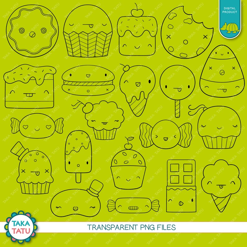 May include: A set of 18 black and white line drawings of cute food items with faces. The food items include cupcakes, cookies, candy, ice cream, cake, and a chocolate bar. The background is a bright green color.