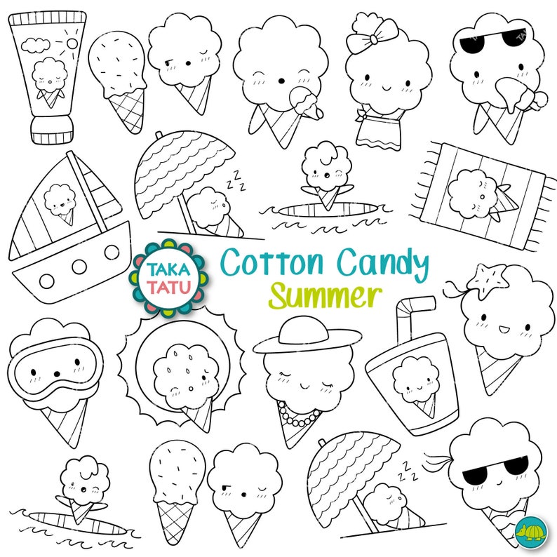 Cotton Candy Summer Clipart Fun and Cute Summer Digital Stamps / Printable Coloring Pages for Kids / Kawaii Beach Day Clipart / Printable image 1