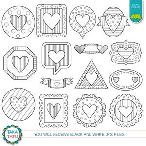Hearts Digital Stamp Pack - Black and White Clipart / Valentines ...