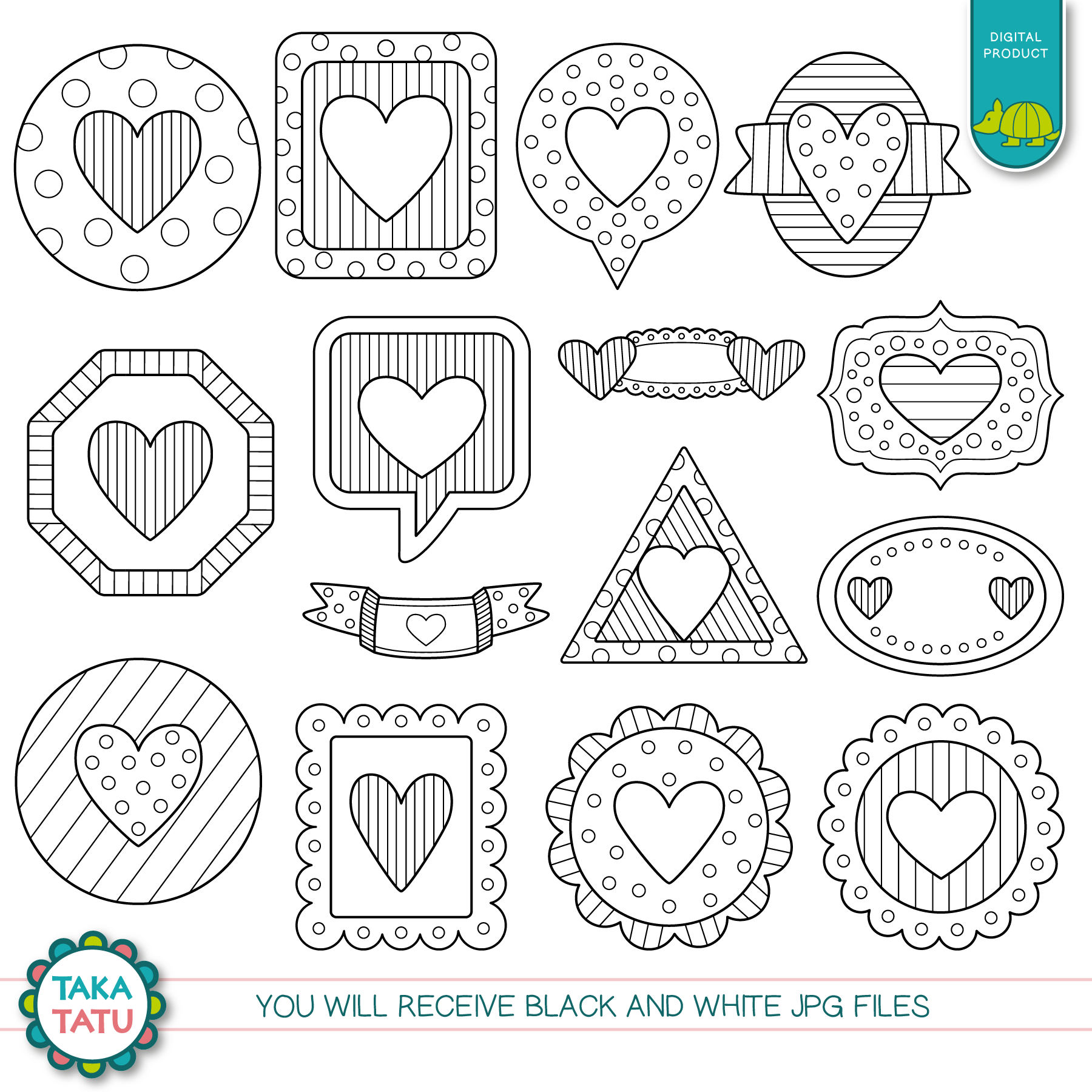 Hearts Digital Stamp Pack - Black and White Clipart / Valentines ...