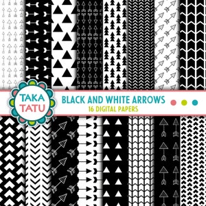 May include: A set of 16 digital papers featuring black and white arrow patterns. The papers include various arrow designs, triangles, and chevron patterns.