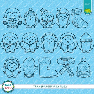 May include: A set of 14 black and white line drawings of penguins wearing winter accessories, including hats, scarves, mittens, and boots. The images are on a light blue background with a repeating pattern of circles.