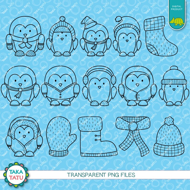 May include: A set of 14 black and white line drawings of penguins wearing winter accessories, including hats, scarves, mittens, and boots. The images are on a light blue background with a repeating pattern of circles.