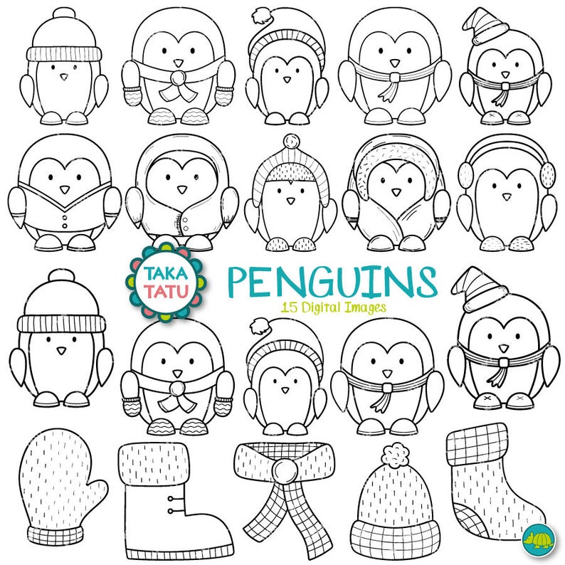 May include: A set of 15 black and white digital images of penguins wearing winter clothing. The penguins are wearing hats, scarves, mittens, and boots. The images are perfect for creating winter-themed crafts, cards, and other projects.