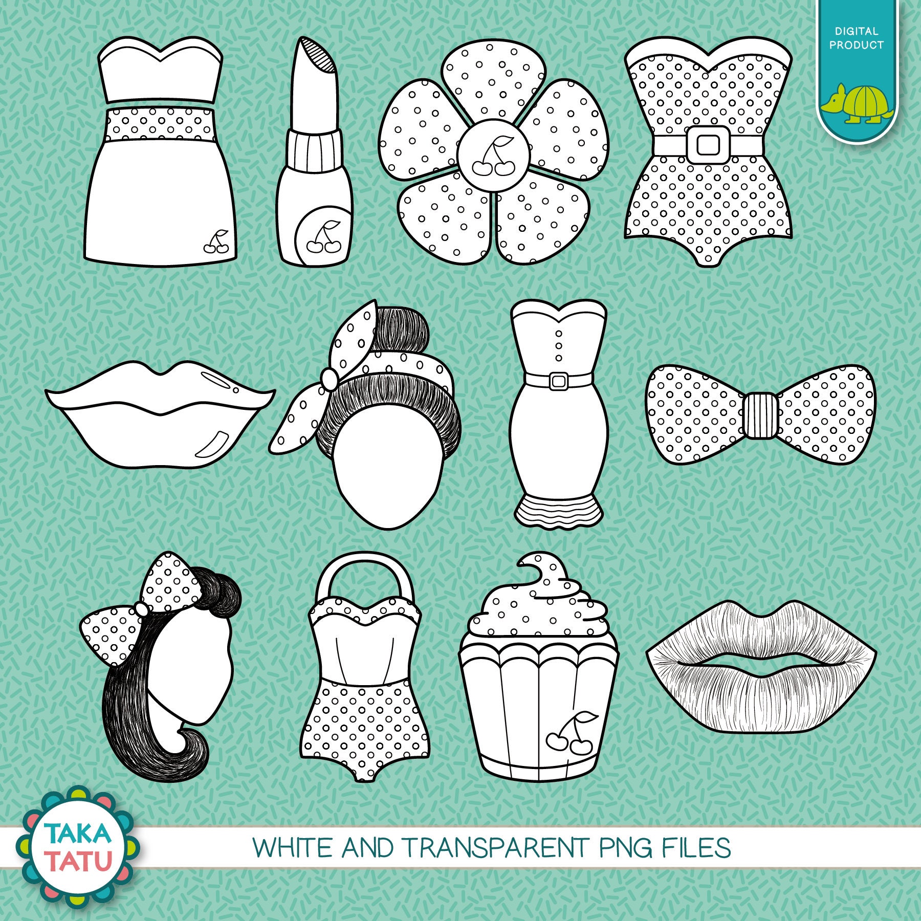 Vintage Cherry Digital Stamp Pack - Black and White Clip Art / Pinup ...