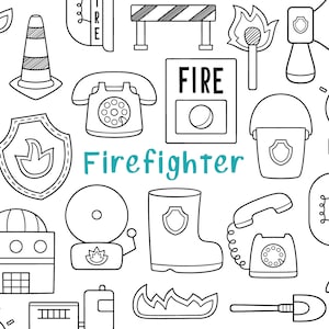 Feuerwehrmann Elements Digital Stamp Pack - Handgezeichnete Linie Kunst Clipart / Feuerwehr Abteilung druckbare digitale Grafiken
