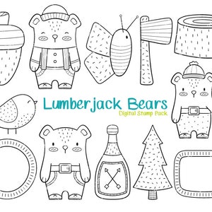 Lumberjack Bears Digital Stamp - Lumberjack Clipart / Bear Clipart / Lumberjack Doodles / Hand Drawn / Cute / Kawaii / Birds / Cute Forest