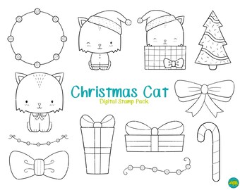 Timbre numérique de chat de Noël - Clipart de Noël / Clipart de chat / Noël mignon / chat mignon / chat Doodles / cadeau / arc / embellissements / chats