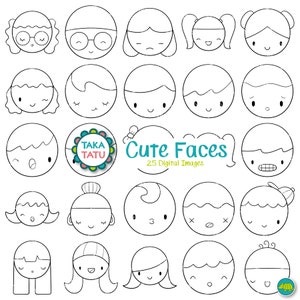 Cute Faces Clipart - Kids Faces Digital Stamp / Character Heads Printable / Happy Faces Stamps / Simple Black and White Line Drawing