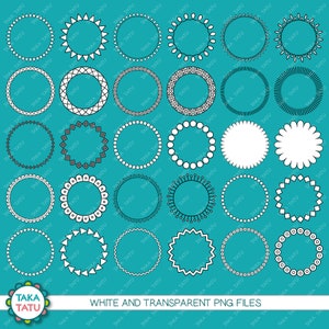 May include: A set of 25 black and white circle frames with various decorative borders. The frames are on a turquoise background.  White and transparent PNG files.