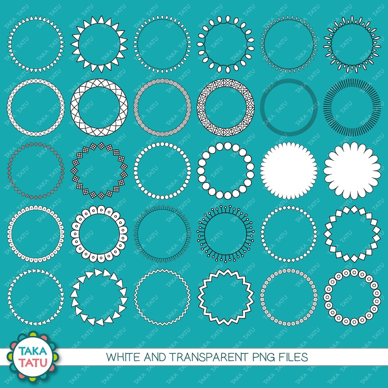May include: A set of 25 black and white circle frames with various decorative borders. The frames are on a turquoise background.  White and transparent PNG files.