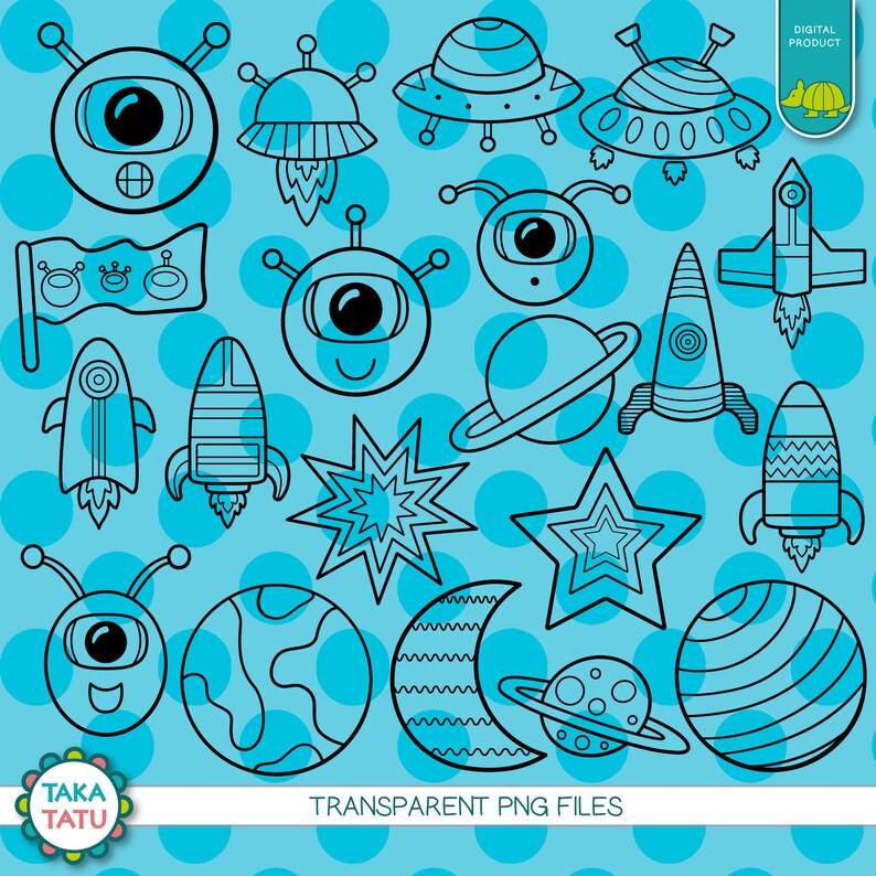 May include: A set of 16 black and white space-themed clip art images on a blue background with white polka dots. The images include a rocket, a spaceship, a planet, a star, a moon, an alien, and a flag.  The text "TRANSPARENT PNG FILES" is at the bottom of the image.