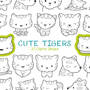 Sellos digitales de tigre lindo - Arte de línea de tigre blanco y negro dibujado a mano / Garabatos digitales de tigre bebé lindo - Descarga instantánea