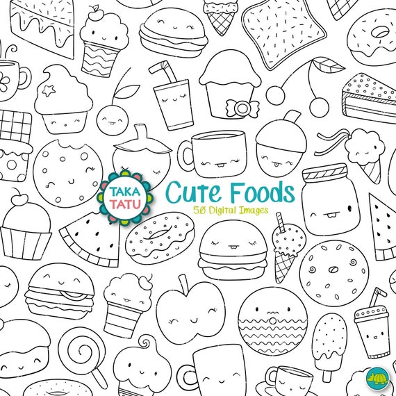 Cute Foods Digital Stamp Pack Hand Drawn Black and White - Etsy