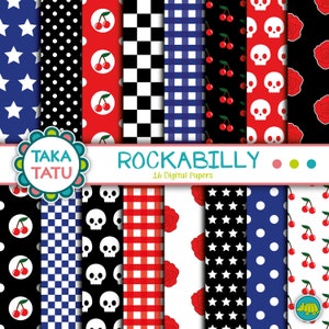 ROCKABILLY Digital Paper Set / Cherry Pattern / Skull Background / Checkers and Polka Dots / Black Red and Blue / vintage Rock Style