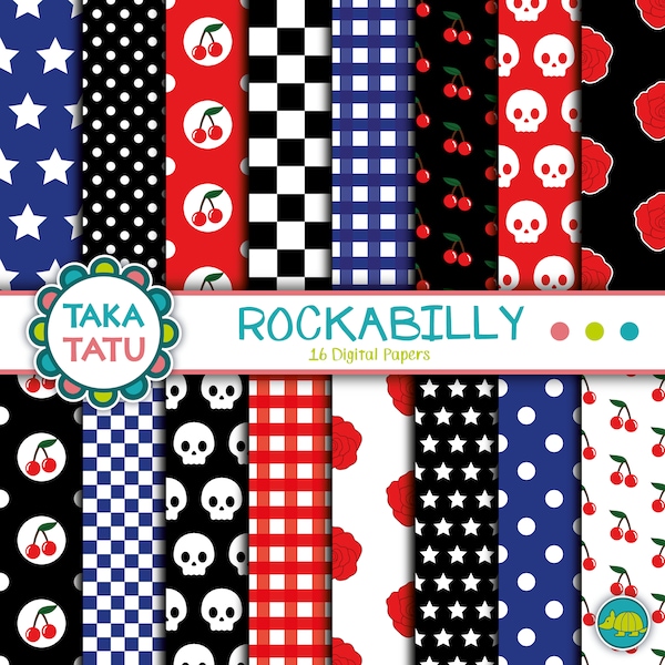 ROCKABILLY Digitales Papier Set / Kirschen Muster / Totenkopf Hintergrund / Karos und Punkte / Schwarz Rot und Blau / Vintage Rock Style