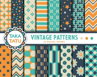 Vintage Digital Papers for Retro Projects | Orange and Blue Graphic Simple Patterns | Scrapbook Vintage Patterns and Background