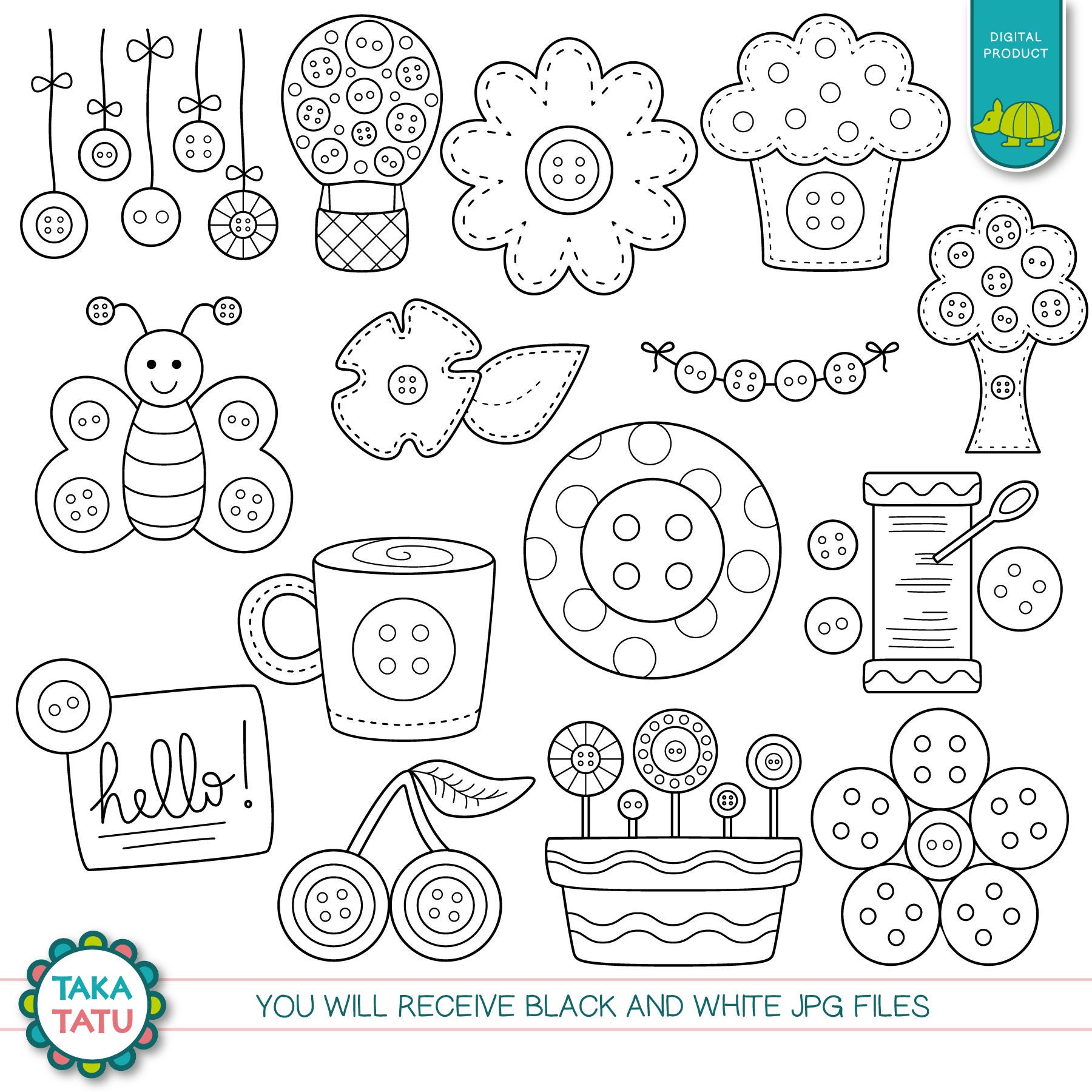 Buttons Digital Stamp Pack - Black and White / Cute Clip Art / Sewing ...